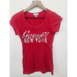 Guess New York Red Rhinestone Graphic T-Shirt Short Sleeve Scoop Neck Small Y2K